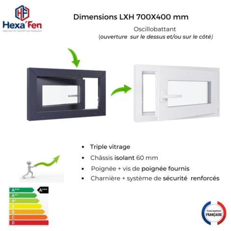 Fenêtre PVC - Triple Vitrage - Tirant droite - Poignée à gauche - Ferrage droite - Blanc & Anthracite - 700x400 mm