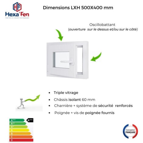 Fenêtre PVC - Triple Vitrage - Tirant gauche - Poignée à droite - Ferrage gauche Blanc - 500x400 mm