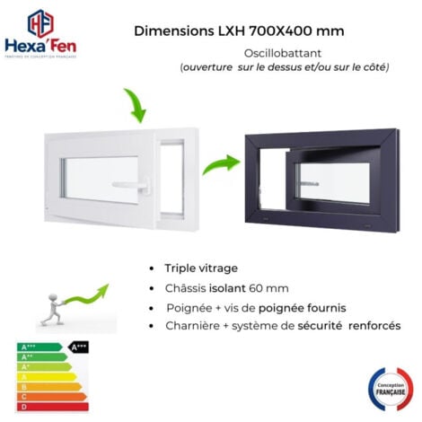 Fenêtre PVC - Triple Vitrage - Tirant gauche - Poignée à droite - Ferrage gauche Blanc & Anthracite - 700x400 mm