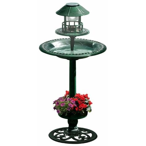 Fontaine abreuvoir à oiseaux sur pied avec lampe solaire et mangeoire Vert
