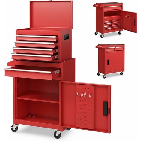 GOPLUS Chariot d’Atelier avec Coffre Amovible, Coffre à Outils Roulant avec 5 Tiroirs & Armoire à étagère Réglable, pour Garage, Atelier (Rouge)