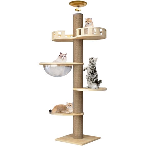 Grand arbre à chat En bois, SDLOGAL, Tour de jeu 265 cm, avec 5 Plateformes et Corbeille, Jouet pour chat, pour Chats et Chatons