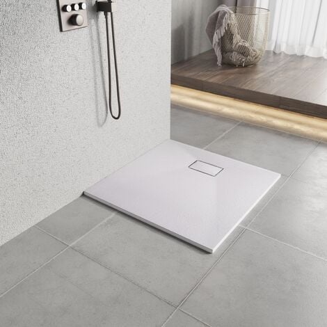 Heilmetz Receveur de douche 80x80 cm Carré plat, aspect pierre Receveur de douche antidérapant + Housse SMC, ouverture drain 20x12.5cm Blanc (sans siphon)