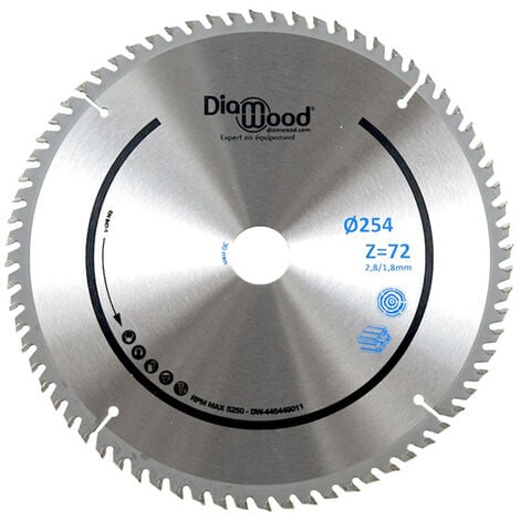 Lame de scie circulaire HM finition D. 254 x Al. 30 x ép. 2,8/1,8 mm x Z72 TP Nég pour Alu/bois - Diamwood