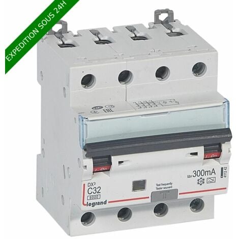 LEGRAND Disjoncteur différentiel monobloc DX³6000 10kA arrivée haute et départ bas à vis 4P 400V - 32A - typeA 300mA réf : 411242