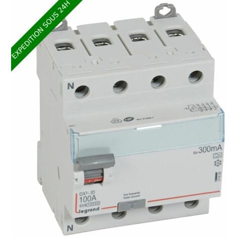 LEGRAND Interrupteur différentiel DX³-ID arrivée haute et départ bas à vis - 4P 400V 100A typeA 300mA - 4 modules réf : 411688