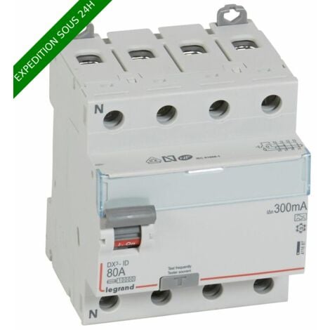 LEGRAND Interrupteur différentiel DX³-ID arrivée haute et départ bas à vis - 4P 400V 80A typeA 300mA - 4 modules réf : 411687