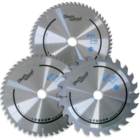 Lot de 3 lames de scie circulaire HM D. 250 x Al. 30 x ép. 2,8/1,8 mm x Z24-48-60 Alt pour bois - Diamwood