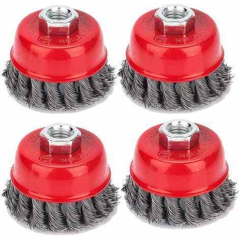Lot de 4 brosses coniques, meuleuses, brosse métallique, brosse coupelle torsadée, brosses de ponçage pour meuleuse d'angle, élimination de la corrosion, Ø 75 mm, M142
