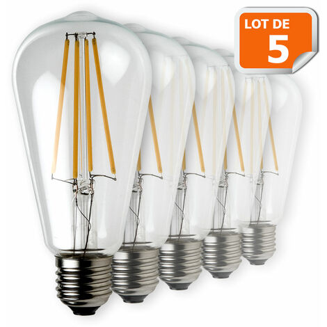 Lot de 5 Ampoules Led Filament ST64 Style Edison Teardrop 7 watt (eq.52 watt) Culot E27