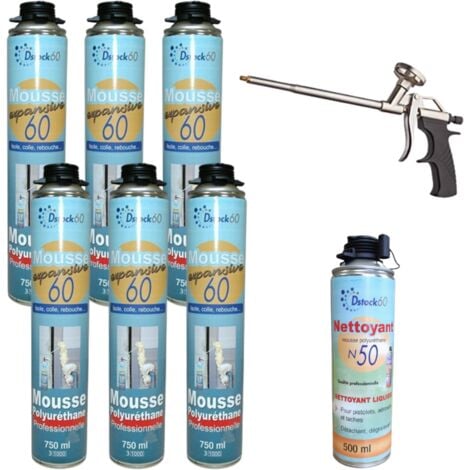 Lot de 6 mousses expansives 750 ml - 1 pistolet - 1 nettoyant mousse - mousse pistolable - extérieur et intérieur