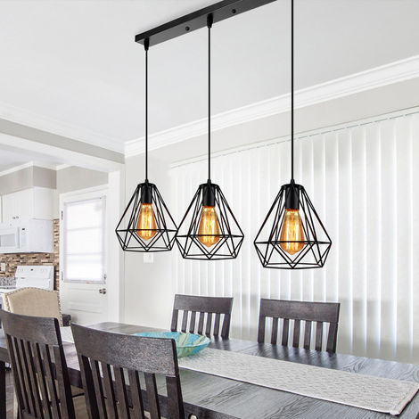 Lustre Suspension Cage Forme Diamant Contemporain Plafonnier Lampe Noir