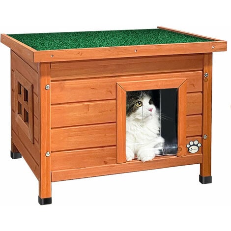 Maison pour Chat en bois avec toit bitumé autoportant et porte à lamelles PVC