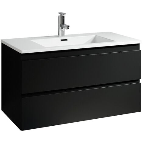 Meuble de salle de bain Angela 90 cm lavabo Noir mat – Armoire de rangement