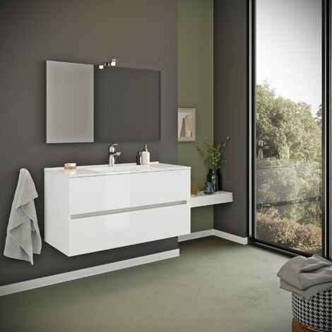Meuble De Salle De Bain Avec Tiroirs 100Cm Blanc Brillant, Lavabo Et Miroir  Benaco