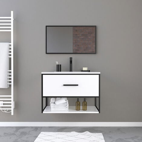 Meuble de salle de bain blanc 1 tiroir + vasque céramique et miroir cadre noir mat - THINK 80