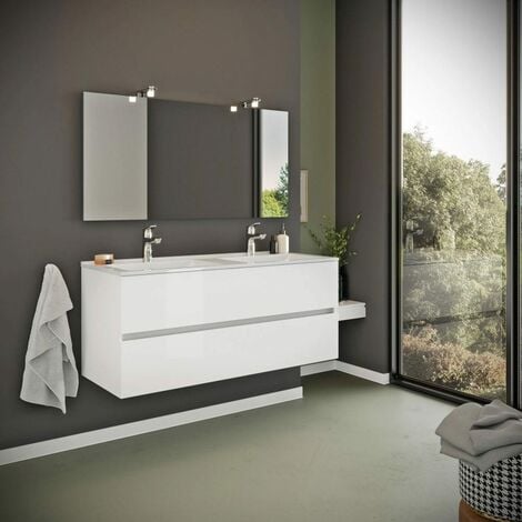 Meuble De Salle De Bain Blanc Brillant 120Cm, Tiroirs Et Double Lavabo  Benaco