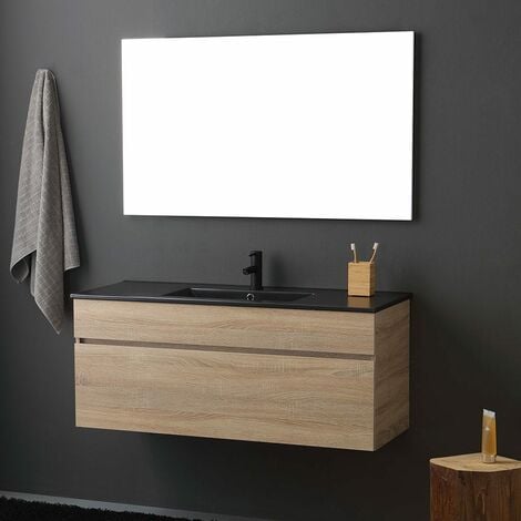 Meuble De Salle De Bain Cm120 En Chêne Aspect Bois Avec Lavabo Noir Mat Et Miroir  Sole