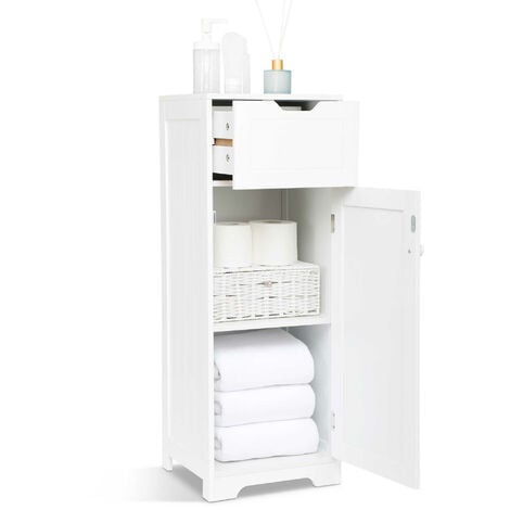 Meuble de Salle de Bain - Colonne de Rangement avec 1 Tiroir 1 Porte et 2 Étagères, en Bois MDF Blanc Laqué - Mondeer