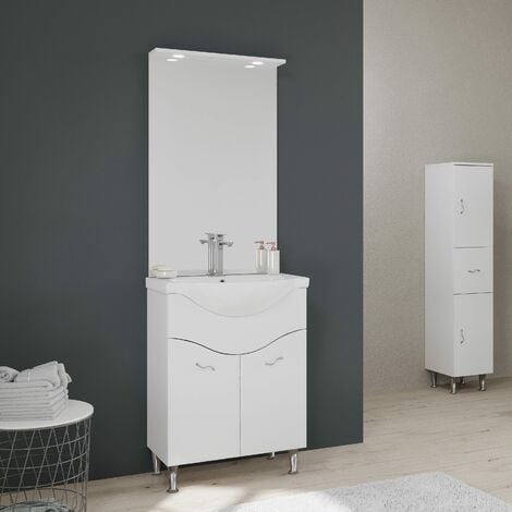 Meuble De Salle De Bain Sur Pieds 65Cm 2 Portes Blanc Brillant, Miroir Avec Led  Easy