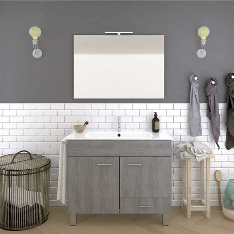 Meuble de salle de bain THOR économique avec plan vasque, miroir. Avec porte-serviettes en cadeau différentes coleurs et tailles en Chêne Smoky 80CM