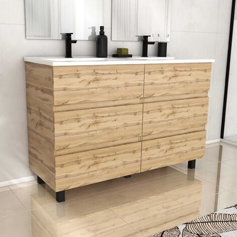 Meuble de salle de bains 120cm 6 TiroirsChêne Naturel + Vasque céramique blanche - TIMBER 120