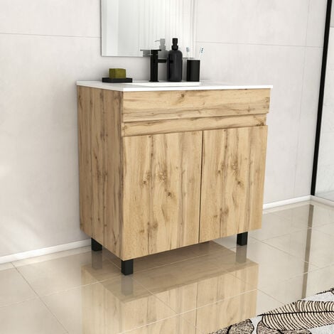 Meuble de salle de bains 80cm 2 PortesChêne Naturel + Vasque céramique blanche - TIMBER 80