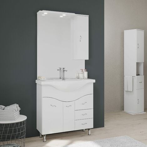 Meuble-Lavabo Salle De Bains 86 Cm, Miroir-Armoire Couleur Blanc