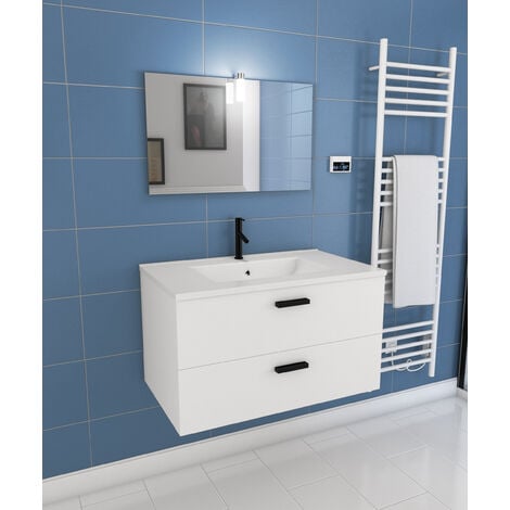 Meuble salle de bains 80 cm 2 Tiroirs Blanc avec Vasque blanche, miroir et applique Led - BOX LED