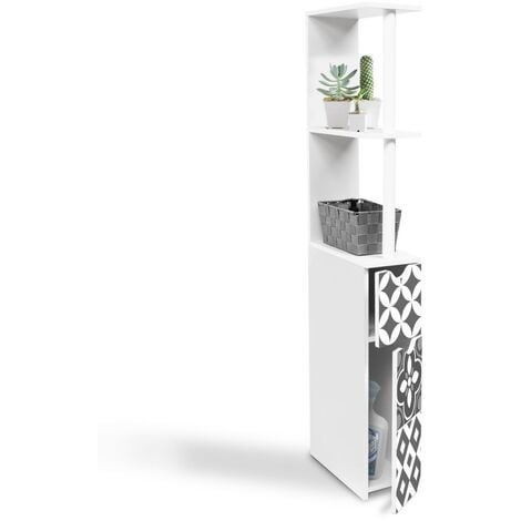 Meuble WC étagère bois WILLY 2 portes blanc et motif carreaux de ciment gris