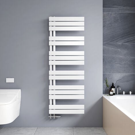 Meykoers Sèche-serviette 1385x500mm Blanc Radiateur sèche-serviettes eau chaude 661W, Asymétrique Lames plates ouverture latérale
