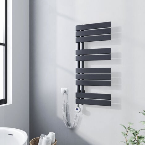 Meykoers Sèche-serviette électrique 899 x 400 mm Anthracite Radiateur sèche-Serviettes Avec 400W élément chauffant - Lames plates ouverture laterale