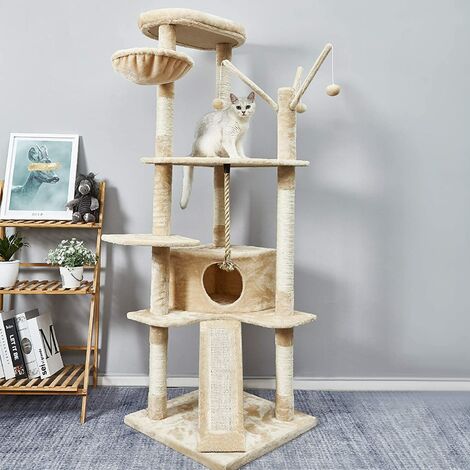 Mondeer Arbre à Chat Hauteur de 168 cm, avec Plate-Formes, Grande Grotte, Troncs épais en sisal, Planche à griffer, Palais de Chat -  Beige