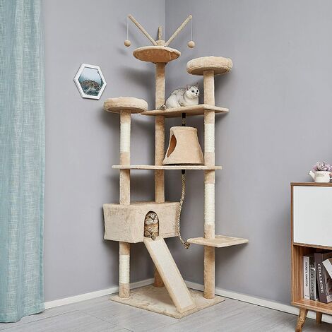 Mondeer Arbre à Chat Hauteur de 210 cm, avec Plate-Formes, Grande Grotte, Troncs épais en sisal, Planche à griffer, Palais de Chat - Beige
