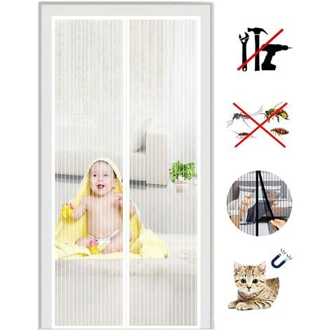 Moustiquaire Porte à Fermeture Aimantée, Rideau de Porte Anti Mouche, Fermeture Auto, Kit d'Installation, Bande Adhésive 120x220CM Blanc