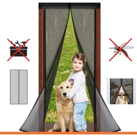 Moustiquaire Porte à Fermeture Aimantée, Rideau de Porte Anti Mouche, Fermeture Auto, Kit d'Installation, Bande Adhésive 120x220CM Noir