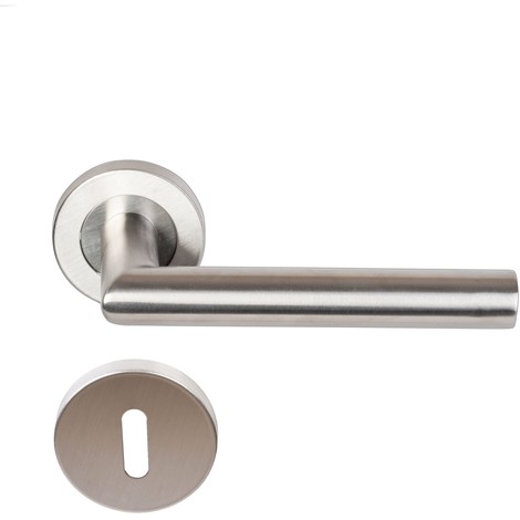 Paire de Poignées de porte sur Rosaces Rondes " Elsa Angle Vif " inox 304 KLOSE BESSER  +1 Paire de rosaces à trou de clé