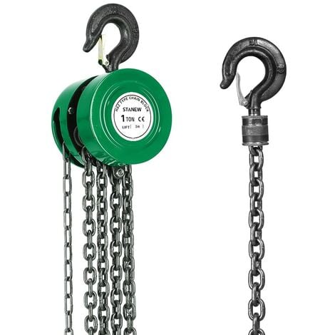 Palan à chaîne manuel avec crochet robuste STANEW, hauteur de levage 3M, vert,Double-Chaîne de Charge,Chaîne G80,Crochet de levage avec sécurité (1 Tonne 3M)