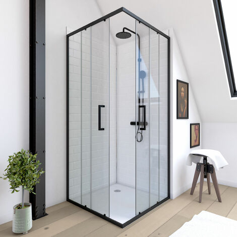 Paroi porte de douche carrée - 90x90x200 cm - PROFILE NOIR MAT - verre trempé 6mm