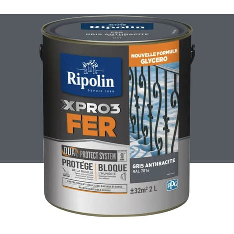 Peinture fer glycéro Ripolin XPRO3 Fer Brillant Gris anthracite 2 L