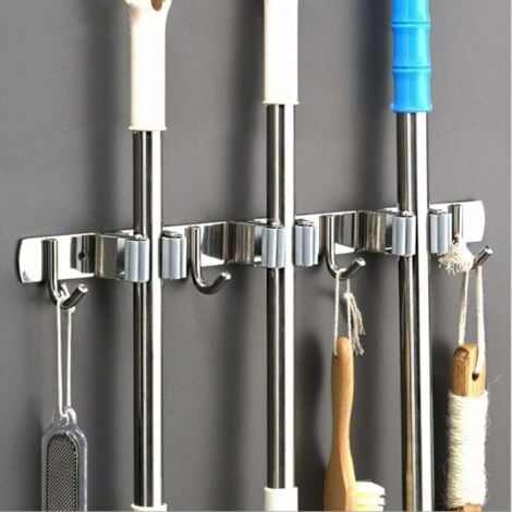 Porte Balai Mural - Accroche Balai en Acier Inoxydable, Support Cintre de Rangement pour Cuisine, Garage, Buanderie (3 Emplacements et 4 Crochets)
