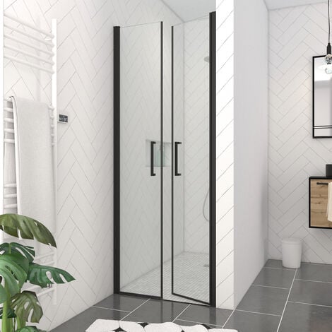 Porte de Douche Double Battant 90x200cm - Verre Trempé Transparent 6mm - Profil Noir Mat