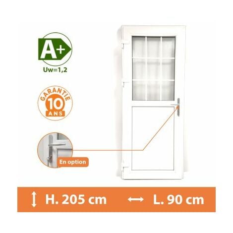 Porte de service 1/2 vitrée croisillons - Blanc - Tirant Gauche - H.205 x l.90 cm