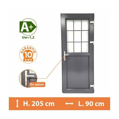 Porte de service 1/2 vitrée croisillons - Gris - Tirant Droit - H.205 x l.90 cm