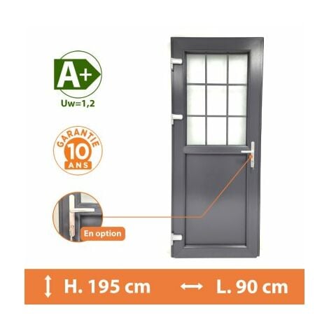 Porte de service 1/2 vitrée croisillons - Gris - Tirant Gauche - H.195 x l.90 cm