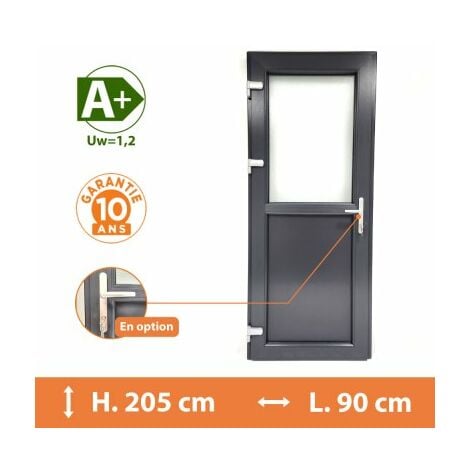 Porte de service 1/2 vitrée - Gris - Tirant Gauche - H.205 x l.90 cm