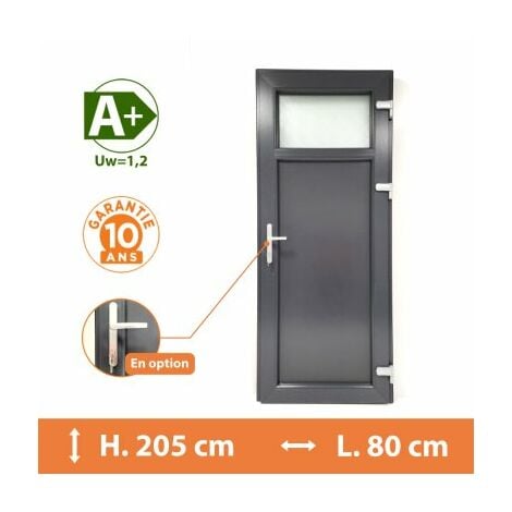 Porte de service 1/4 vitrée - Gris - Tirant Droit - H.205 x l.80 cm