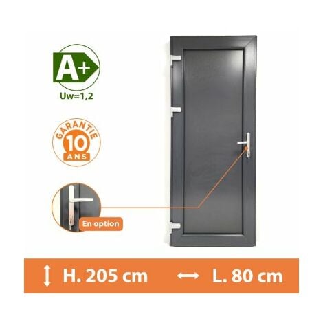 Porte de service pleine - Gris - Tirant Gauche - H.205 x l.80 cm