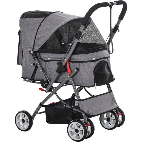 Poussette buggy pliable chien chat panier et sac de rangement attaches sécurité housse réglable poignée réversible acier Oxford gris chiné noir