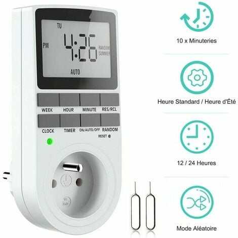 Prise Programmable Digitale, Minuterie Numérique Hebdomadaire avec Ecran LCD, Minuterie Prise Electrique 12H/24H/7Jours, économie d'Energie Pour L'électroménagers et L'éclairage (1 Pack)